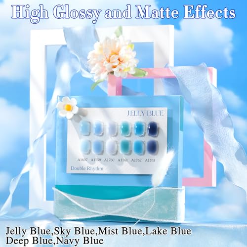 Double Rhythm 6 Pcs 15 ML Gel Polish Set Same Color Same Bottle Soak Off Gel Polish Kit Nail Art Manicure Salon DIY at Home for Women (Jelly Milky Light Dark Blue Navy-T6-82) - color: Jelly Blue