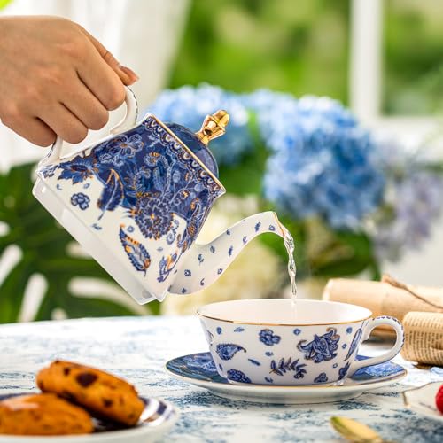 KAMMAK Tea for One Set, Ceramic Teapot, Bone China Tea Set, Cup and Saucer - color: Navy Blue-XY5