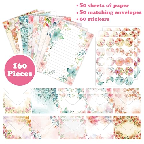 Stationery Paper Envelopes Set 160 Pcs - 50 Lined Writing Paper, 50 Envelopes, 60 Dot Stickers, Vintage/Floral/Leaf/Watercolor Multi-Style Options (STATIONERY-160PCS-FLORAL) - style: FLORAL