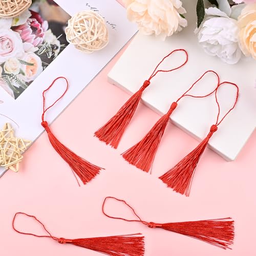NACHLYNN 120 Pcs Bookmark Tassels Bulk 13cm/5 Inch Silky Handmade Soft Craft Mini Tassels for Jewelry Keychain Making with Loops for Dress Decoration DIY Craft Accessory (Red) - color: Red