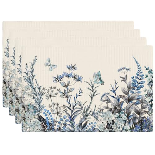 Blue Eucalyptus Floral Leaves Placemats Set of 4 12x18 Inch - color: Blue, size: Set of 4