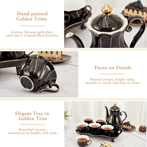 DUJUST 14 pcs Tea Set of 6 with Tea Tray & Spoons, Modern Diamond Design Tea/Coffee Cup Set with Golden Trim, Chic Porcelain Living Room Decor, Fine-china Teapot/Tea Party Set, Gift Package - Black - color: black: 14pcs tea set