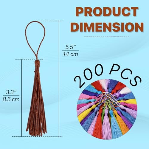 200 PCS Bookmark Tassels Bulk, 20 Colors Mini Silk Tassels for Crafts, 5" Bookmarks Tassel with Loop, Small Tassel for Bookmarks, Keychains, Jewelry DIY, Graduation Caps – 10 of Each Color