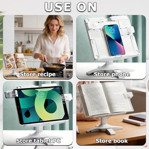 Adjustable Book Stand Holder, Rotating Hands-Free Reading Stand with Clips