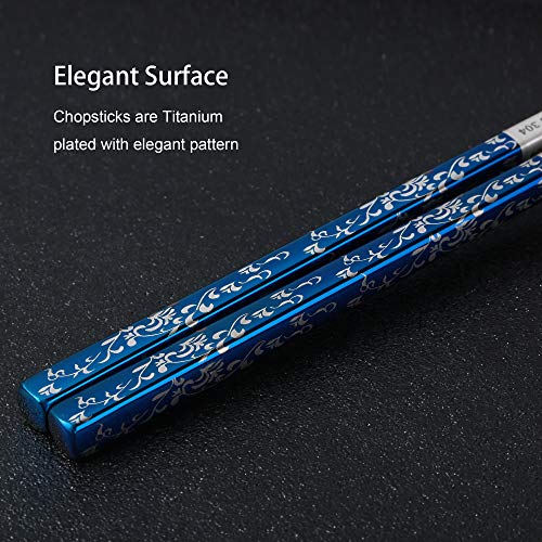Titanium Plated Chopstick Stainless Steel Chopsticks Metal Chopsticks Reusable Dishwasher safe Premium Laser Engraved Chop Sticks for Eating 2 Pairs Gift Set Blue Silver - color: Blue silver