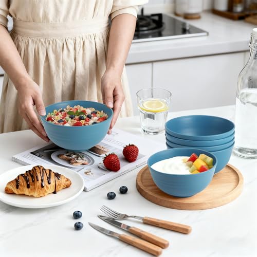 26 OZ Wheat Straw Bowls Set of 6, Reusable Plastic Kitchen Bowls, Unbreakable Bowls Set for Cereal, Salad, Snack, Soup, Ideal for Indoor & Outdoor, Microwave & Dishwasher Safe, Blue - color: Blue, size: 26 OZ