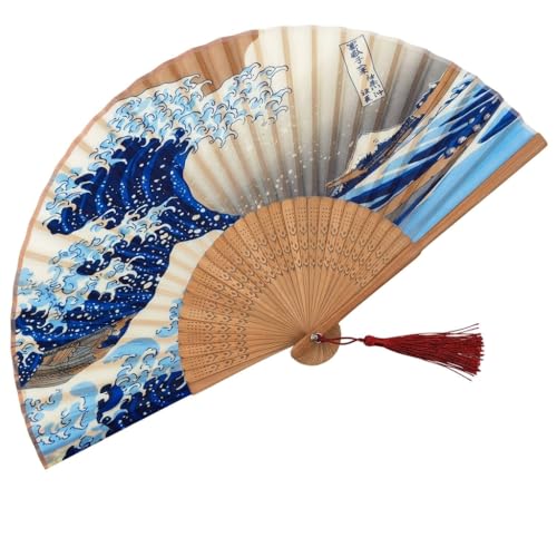 Silk Folding Hand Fan with Kanagawa Sea Waves, 15” Handheld Bamboo Accessory with Tassel, Portable Oriental Art, Wedding Favor, Festivals (Kanagawa Sea Waves) - color: Blue and Orange