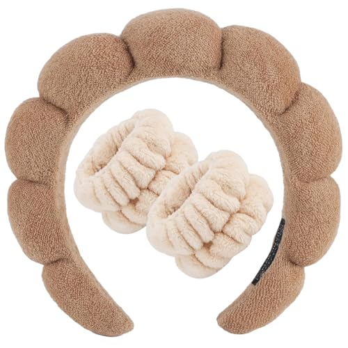 Zkptops Spa Headband for Washing Face Wristband Set Sponge Makeup Skincare Terry Cloth Bubble Soft Get Ready Hairband for Women Girl Puffy Padded Headwear Non Slip Thick Hair Accessory(Brown-2) - color: ZC Brown-2
