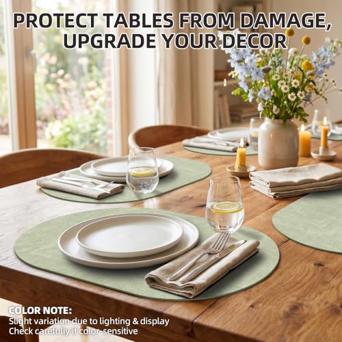 Placemats Set of 6, 17.7 x 11.8 Inch Oval Faux Leather Place Mats - color: R-sage Green