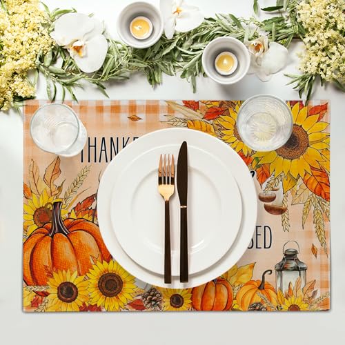 Giwawa Fall Autumn Placemats, Thanksgiving Pumpkin Sunflower Thankful Grateful Blessed Linen Place Table Mats Washable Stain Resistance for Kitchen Dining Tabletop Decor, Set of 4, 12x18Inch - color: Fall Thankful