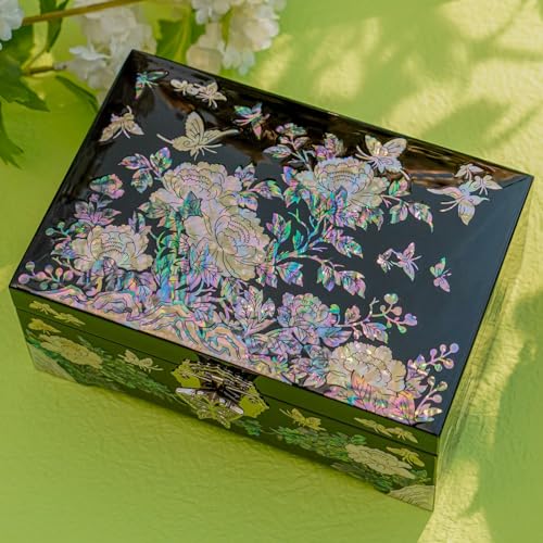 February Mountain Mother of Pearl Jewelry Organizer Box with Ring Tray - Birthday Christmas Anniversary Mothers day Gifts for women who have everything - color: Black