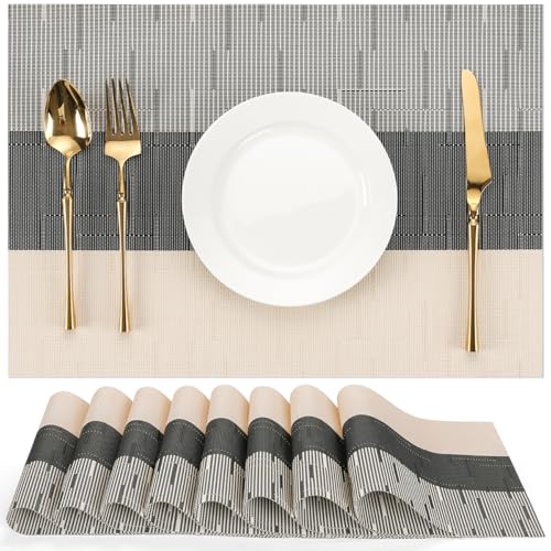 Placemats Set of 8, Vinyl Woven Heat-Resistant Place Mats - color: Beige Black, size: Set of 8