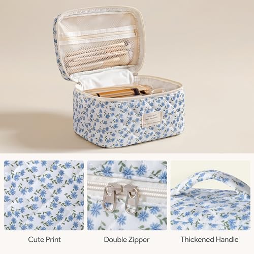 HBselect Quilted Makeup Bag, 3Pcs Cotton Large Travel Makeup Bags Organizer - color: A-3PCS-Floral 24