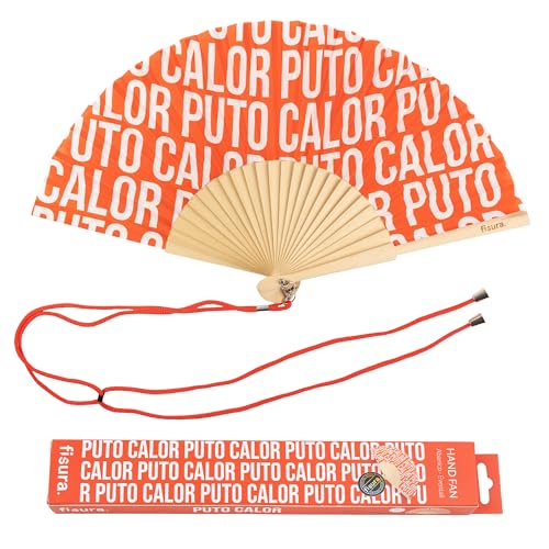 Fisura - Original red folding fan with message p*to calor. Handheld folding fan for women. Hanger included. Fans for wedding, party, gift. - color: P*to Calor, Red Pattern