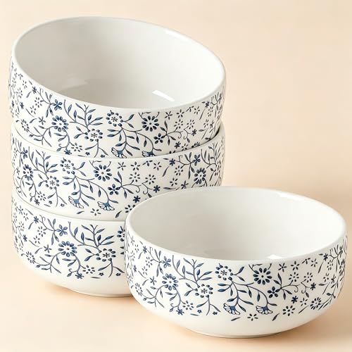 Large Soup Bowls Set of 4 Japanese Blue Ceramic Bowls for Cereal Ramen - color: 4PC white and blue