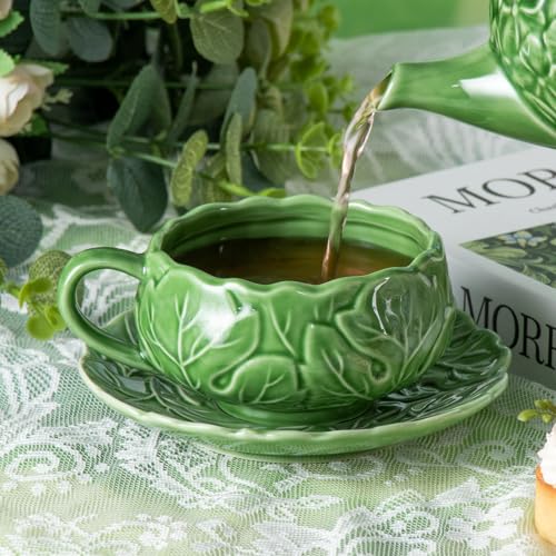 KAMMAK Tea Cups and Saucers Set of 2, 10 oz Porcelain Coffee Cups, SY008 - size: 8CZSY008