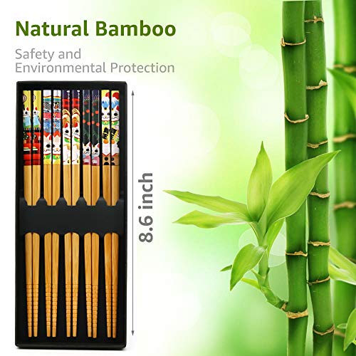 Kawaii 5 Pairs Bamboo Chopsticks & 6 Cute Lucky Cat Holders, Classic Japanese Style, Dishwasher Safe, Gift Set