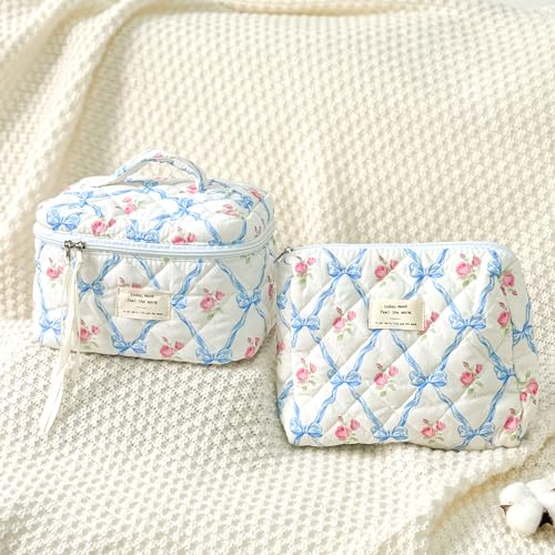 Sminra Large Travel Makeup Bag for Women, Quilted Cosmetic Case with Handle - color: Blue Bow Flowers-L