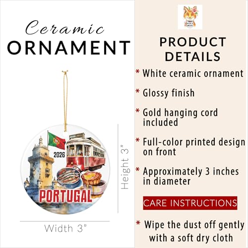 Portugal 2026 Souvenir Travel Collage City Icons Scene Christmas Ornament, 3-Inch Round Ceramic