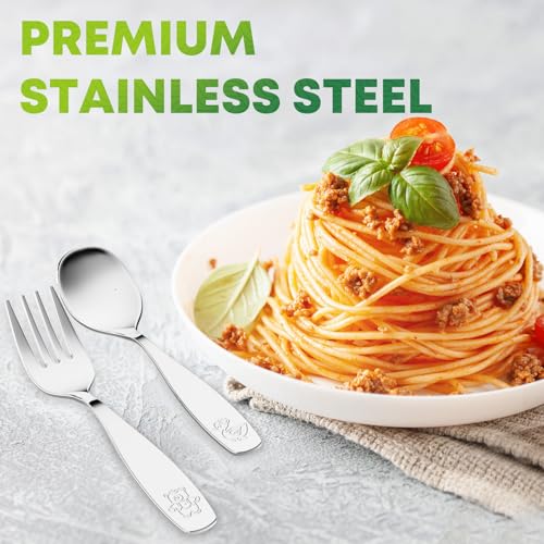 12 Pieces Toddler Utensils, Kids Stainless Steel Silverware Set - 6pcs Forks and 6pcs Spoon, Cute Children Flatware Sets with Mirror Polished, Self Feeding Safe, Dishwasher Safe - color: 12 Pieces Set