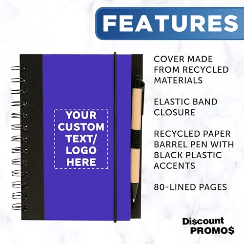 DISCOUNT PROMOS Custom Eco Block Notebooks with Pens Set of 10/50/100, Personalized Bulk Pack - Perfect for School, Office, Business, Home- Blue - color: - Custom – Blue, size: 10/50/100 notebooks