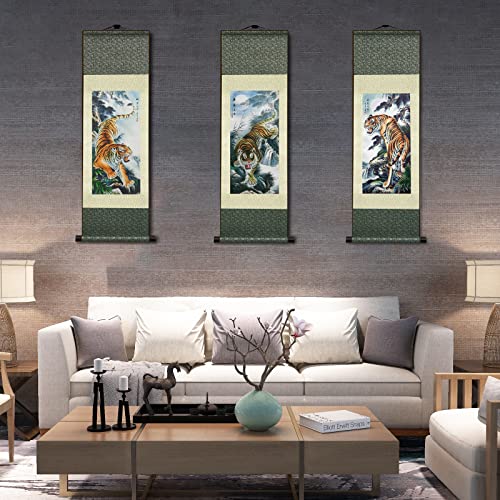 AtfArt Silk Scroll Painting, Asian Wall Art, Tiger, 36.2x12in - color: B6