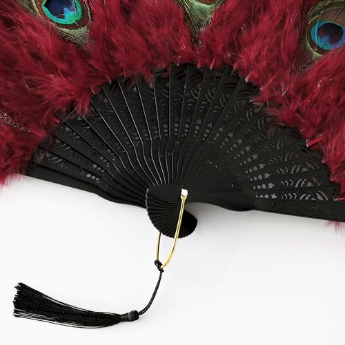 BABEYOND 1920s Marabou Feather Folding Hand Fan Vintage Wedding Party Decor - color: Peacock Dark Red