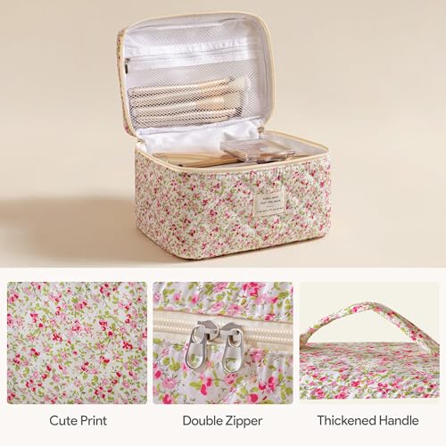 HBselect Quilted Makeup Bag, 3Pcs Cotton Large Travel Makeup Bags Organizer - color: A-3PCS-Floral 19