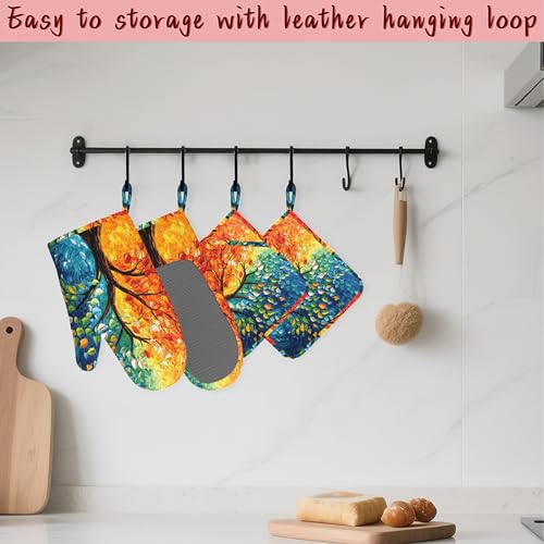 Tree of Life Silicone Oven Mitts and Pot Holders,Heat-Resistant 4 Piece Kitchen Set Non-Slip Oven Gloves and Hot Pads for Cooking, Baking, Grilling,BBQ - color: Tree of Life
