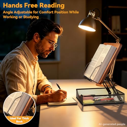 Adjustable Book Stand for Reading with Storage - 2-13" Height Hands-Free