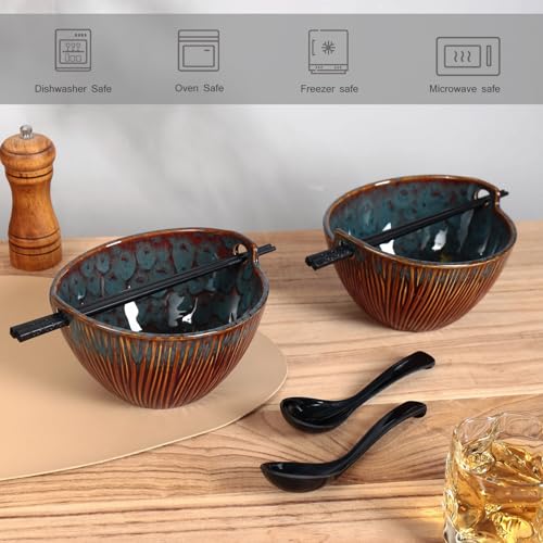 Ceramic Ramen Bowl with Chopsticks,6.7 Inch Noodle Bowls,Pho Bowls and Spoons Set,Japanese Bowl for Pho,Udon,Soba,Noodle,Microwave Safe,Set of 2(Peacock Green) - color: Peacock Green