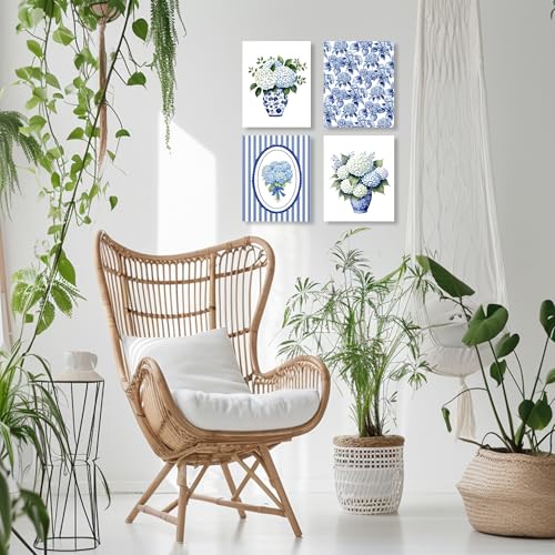 LUKIPOM Chinoiserie Hydrangea Floral Wall Art Posters Set of 4, Grandmillennial Home Decor, Blue and White Porcelain Hydrangea Flower Canvas Prints Artwork Wall Decor, 8x10 Unframed - color: Color 002