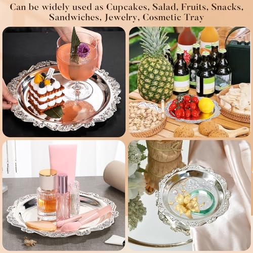 PRETYZOOM Silver Serving Tray 7.87 in Round Serving Platter for Snacks Desserts Fruit Sandwiches and Side Dishes Decorative Tray for Party Table Coffee Table or Jewelry Display