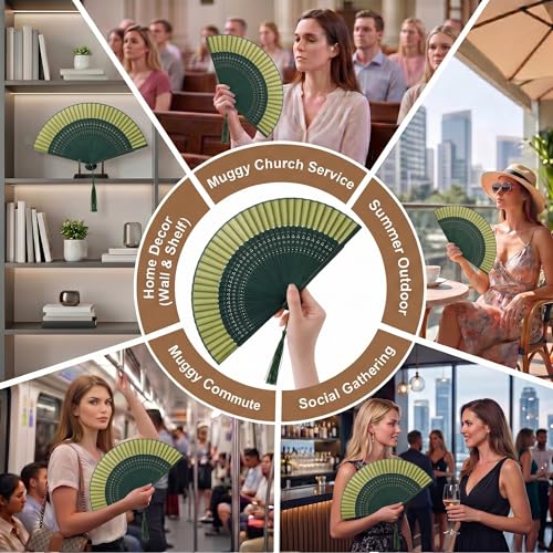 Japanese Folding Hand Fan for Women - Bamboo Silk Handheld Foldable Fan with Tassel & Pouch for Hot Flashes, Rave, Church, Gift,Wedding - Whisper-Quiet, Purse Size (Gradient Green) - color: Gradient Green