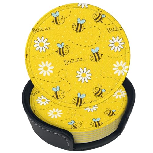 6 Pcs Leather Coasters for Drinks with Holder Cartoon Bee Cute Honeycomb Coaster Sets Drink Table Cup Coasters for Kitchen Coffee Decor - color: Bee Honeycomb