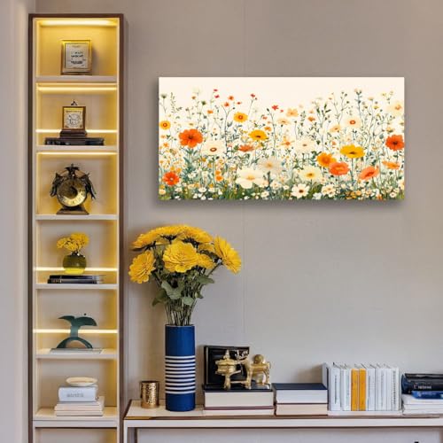 KZKU Floral Wall Art Canvas Print Orange and White Wildflowers Modern Botanical Watercolor style Flower Picture for Bedroom Living Room Artwork Home Wall Decoration 20x40in - color: Orange and white/floral, size: 40"L x 20"W