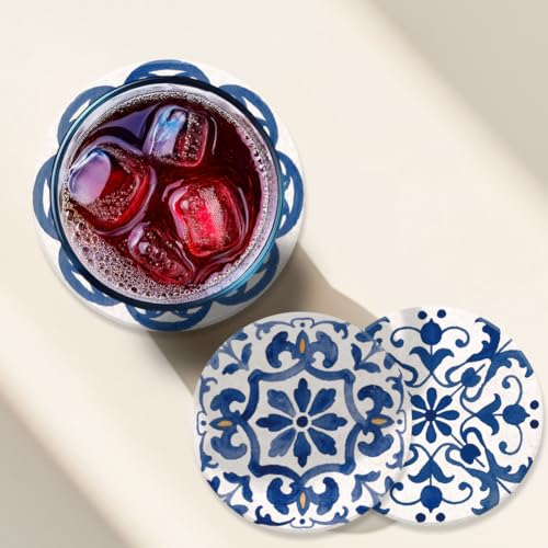 ANATTASOUL Blue Spanish Pattern Wooden Coasters Set of 9 Bulk(3.9") - style: Blue Spanish Pattern