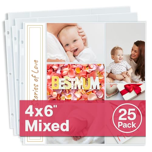 Dunwell 12x12 Photo Album Refill Pages, 25 Pack Holds 250 Photos, 4x6 Photo Sleeves for 3 Ring Binder, Mixed Layout Scrapbook Page Protectors, Acid-Free Poly - size: 25 Pack, style: 4x6" Mixed Layout
