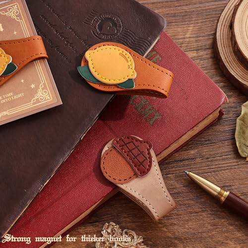 2PCS Vintage Magnetic Leather Bookmark, Leather Magnetic Bookmarks for Women, Magnetic PU Bookmarks Clip Book Accessories, Lemon & Acorn - style: Lemon & Acorn