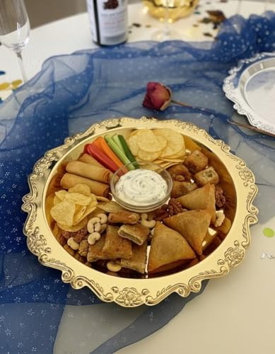 2PCS Coffee Table Tray 11.8in Round Decorative Tray Vintage Metal Dessert Plates for Snacks Fruit Gold - color: Gold, size: 11.8 in