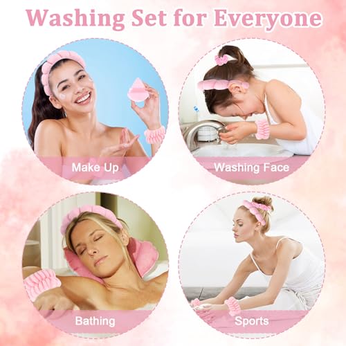Spa Headband Set, 7Pcs Puffy Terry Cloth Headband and Wristband for Skincare, Makeup, Yoga, Shower, Spa Party, Sleepover Party, Pink - color: Pink