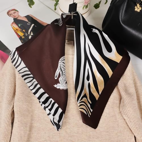 Women 100% Mulberry Silk Neck Scarf 21" Square Floral Neckerchief - color: Coffee+zabra Print