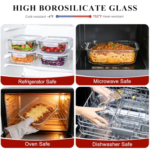 LOVYANXUE 4 Pack 52oz Large Glass Food Storage Containers with Lids, Meal Prep Containers, Glass Storage Containers with Airtight Lid for Storing, Heating, Serving, BPA-Free, Microwave & Oven Safe - color: Grey
