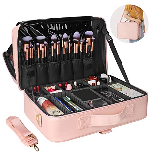 Relavel Makeup Case Large Makeup Bag Professional Train Case 16.5 inches Travel Cosmetic Organizer Brush Holder Waterproof Makeup Artist Storage Box, 3 Layer Large with Adjustable Strap (Pink) - color: Pink, size: Large