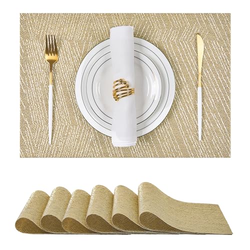 Leetaltree Gold Placemats Set of 6 - Heat Resistant Non-Slip Place mats for Dining Table, Washable Durable PVC Vinyl Woven Table Mats(Luxury Gold, 6) - color: D0- Gold Textured, size: Set of 6