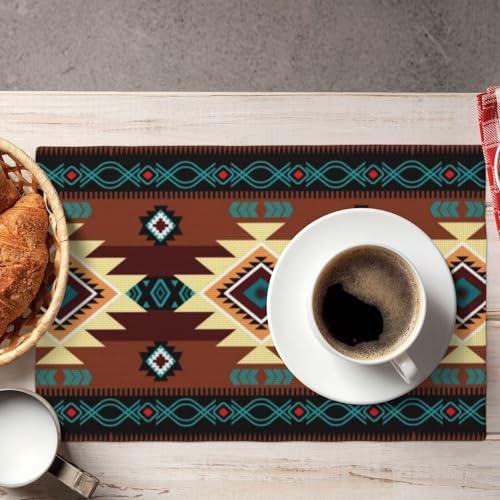 Southwetsern Placemats Rectangle Linen Table Placemet Set of 4 - color: Teal Brown, size: Set of 4