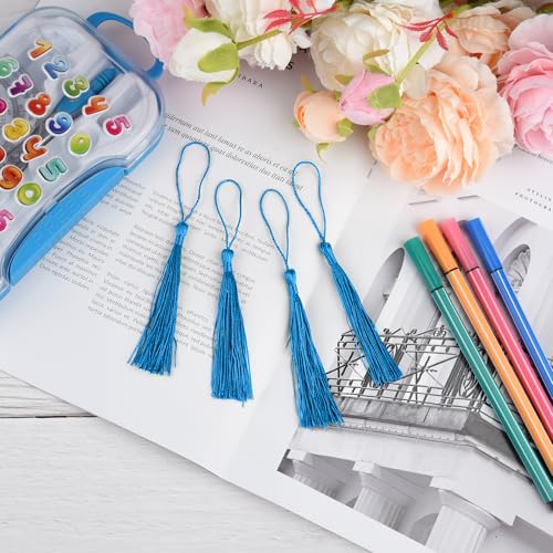 100 Pcs Bookmark Tassels Bulk Lake Blue Soft Craft Silky Handmade Mini Tassels for Jewelry Making with Loops for DIY Craft Accessory Dress Decoration - color: Lake Blue