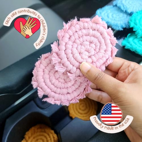 Cotton Car Coasters for Cup Holders, 2PC Car Cup Coasters, Drink Coaster Holder, Cute cupholder Coaster Accessories for Women, Macrame, Boho(Champagne Pink) - color: Champagne Pink