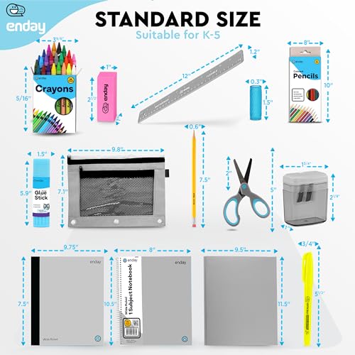 Enday Back to School Supplies for Kids, School Supply Box Grades K-5 (Grey, 1 Kit) - color: Grey, size: 1 Kit