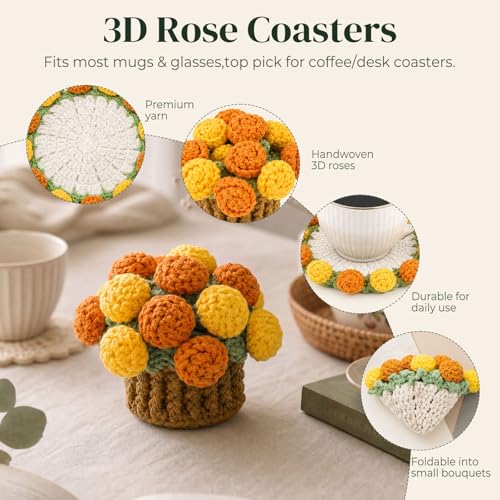 Crochet Flowers Coasters with Basket,Handmade Rose Bouquet Blanket Kawaii Decor Coaster for Desk,Coffee Table,Home Decor,Wedding Gift,Housewarming,Birthda(2Pcs) (Yellow) - color: Yellow
